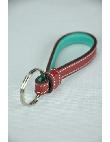 Porte-clés Dragonne en cuir rouge bordeaux et turquoise.